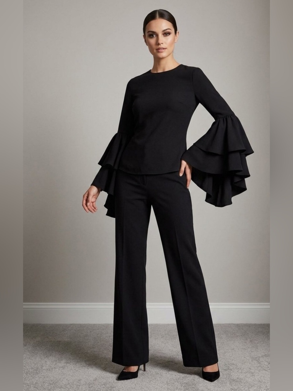 Gracia Black Ruffled Sleeve Blouse